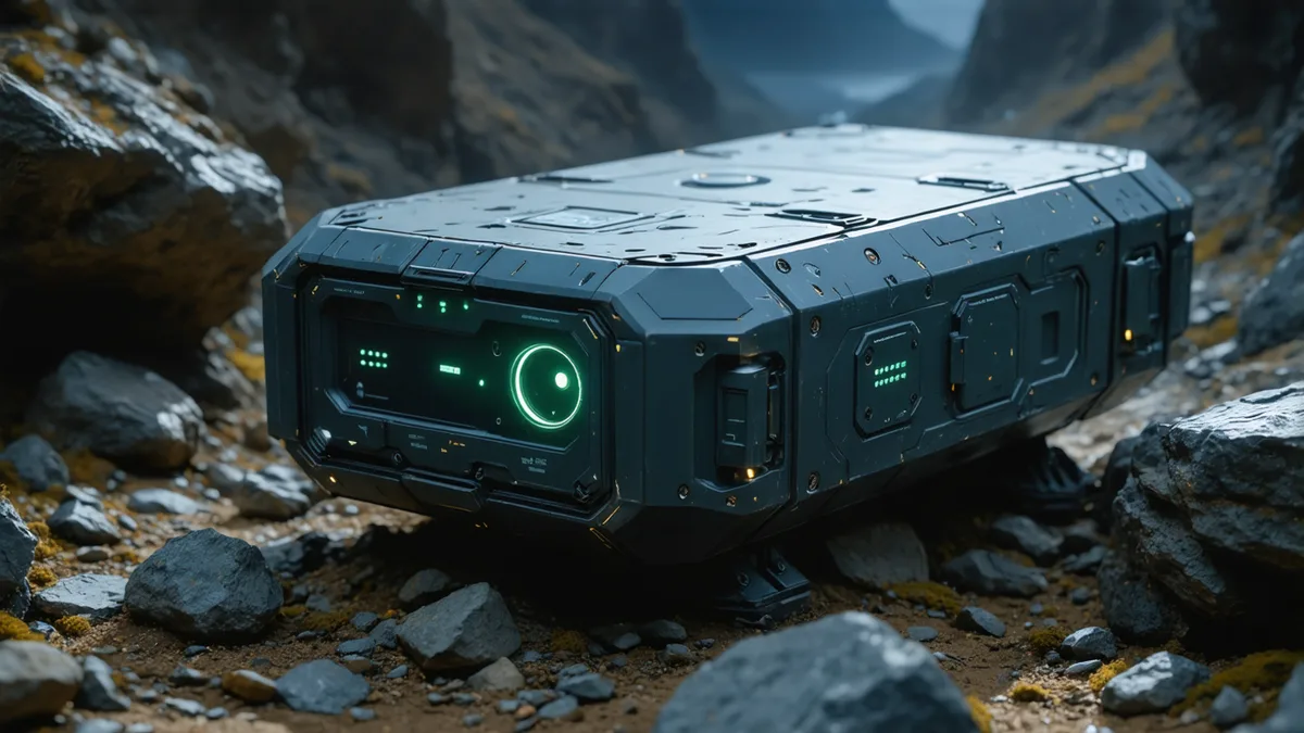 Autonomous sensor node rugged enclosure deployed on rocky underground surface with status indicator glow