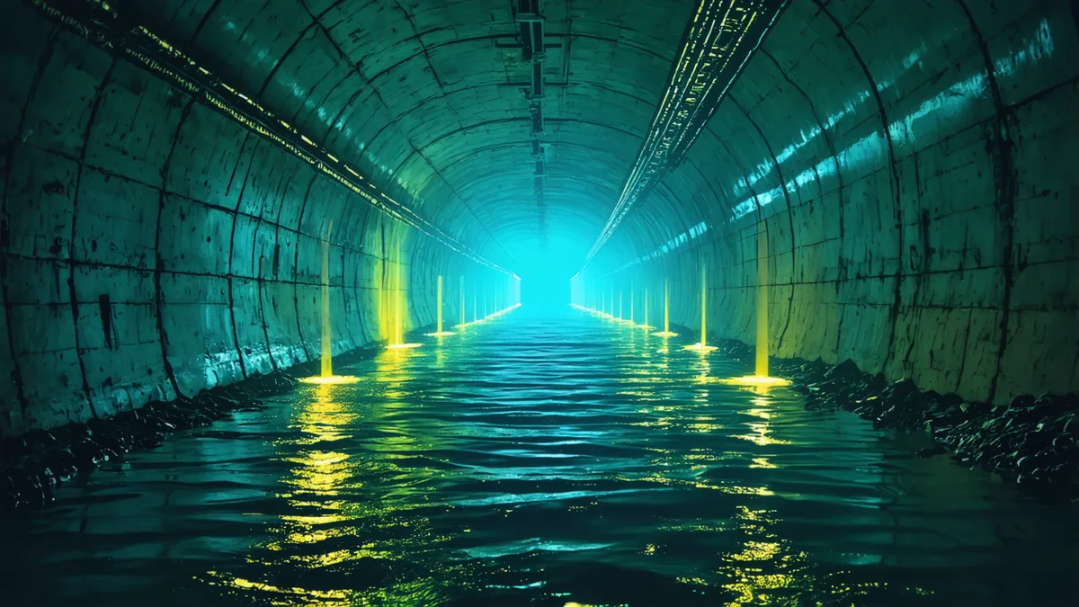 LiDAR and sonar scanning beams illuminating tunnel walls in dry and flooded corridor comparison